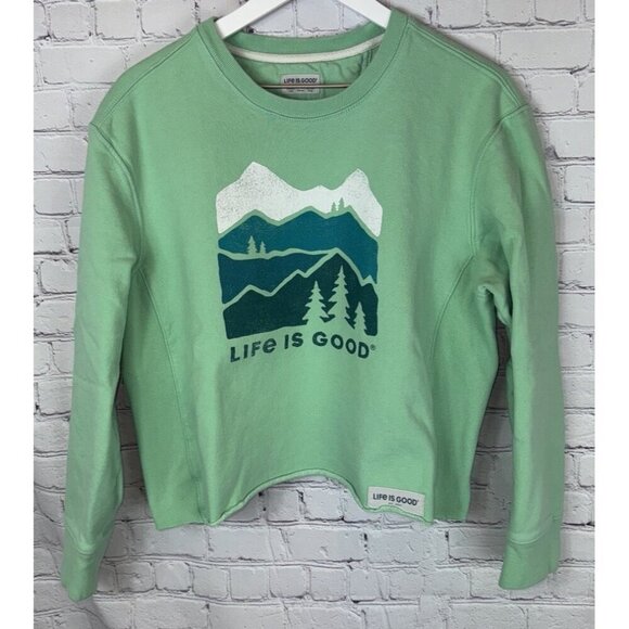 LIFE IS GOOD Women’s Mountains Cropped Crewneck Pullover Large Mint Green - Picture 1 of 6